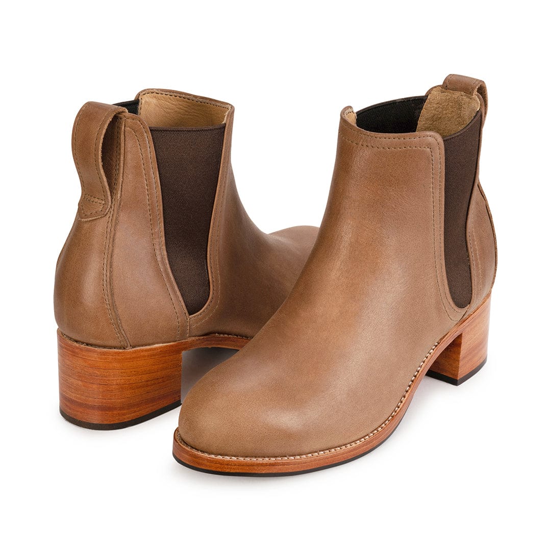 Women's EEE wide tan leather heeled Chelsea boots, shown at an angle, also made for size 4 feet – The Catalina