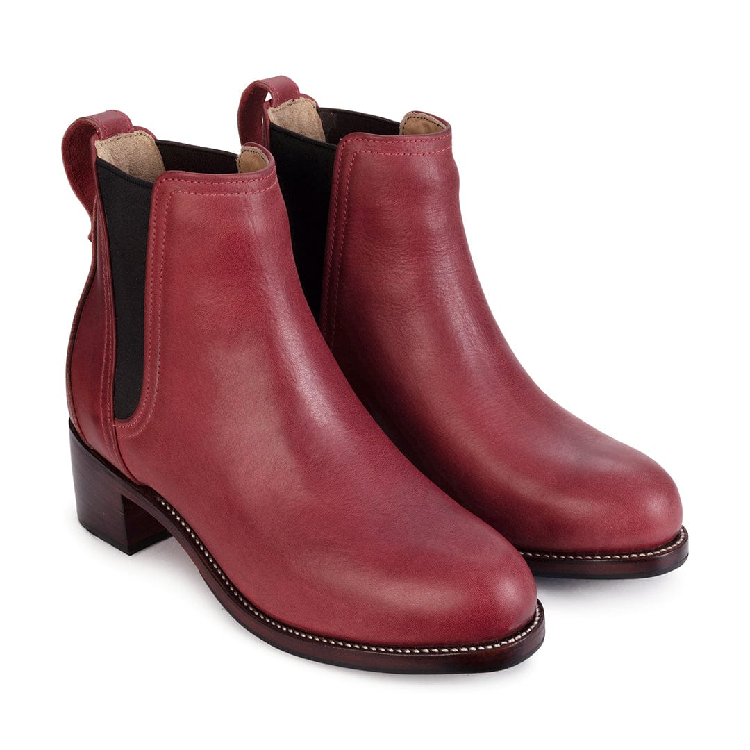 Women's narrow A-width red leather heeled Chelsea boots, shown at an angle – The Catalina