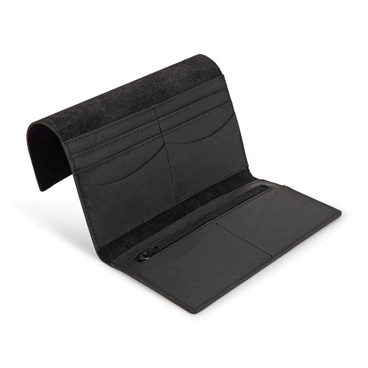 Black leather snap wallet, open to show the card slots, made to order in Guatemala