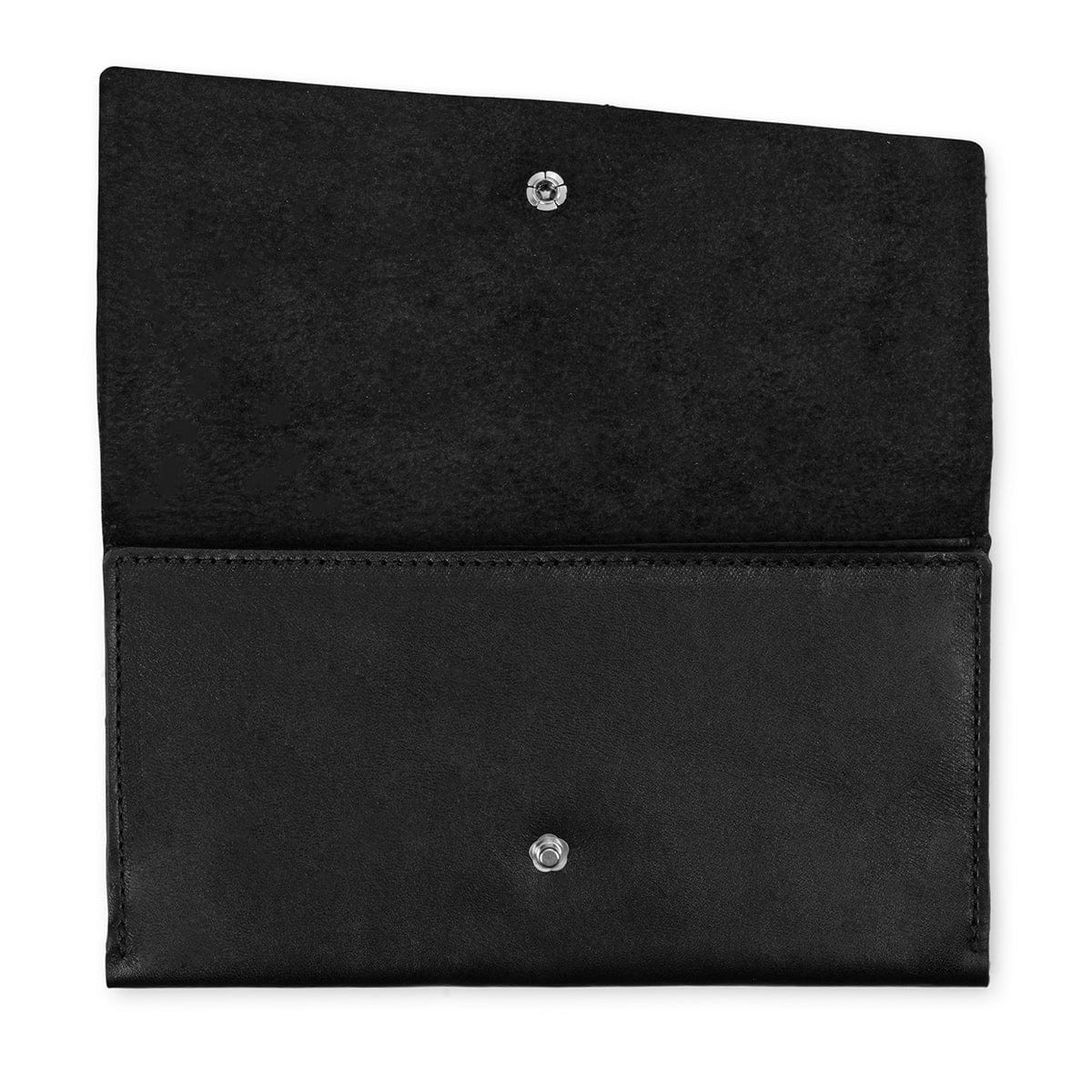 Black leather snap wallet, unfolded flat