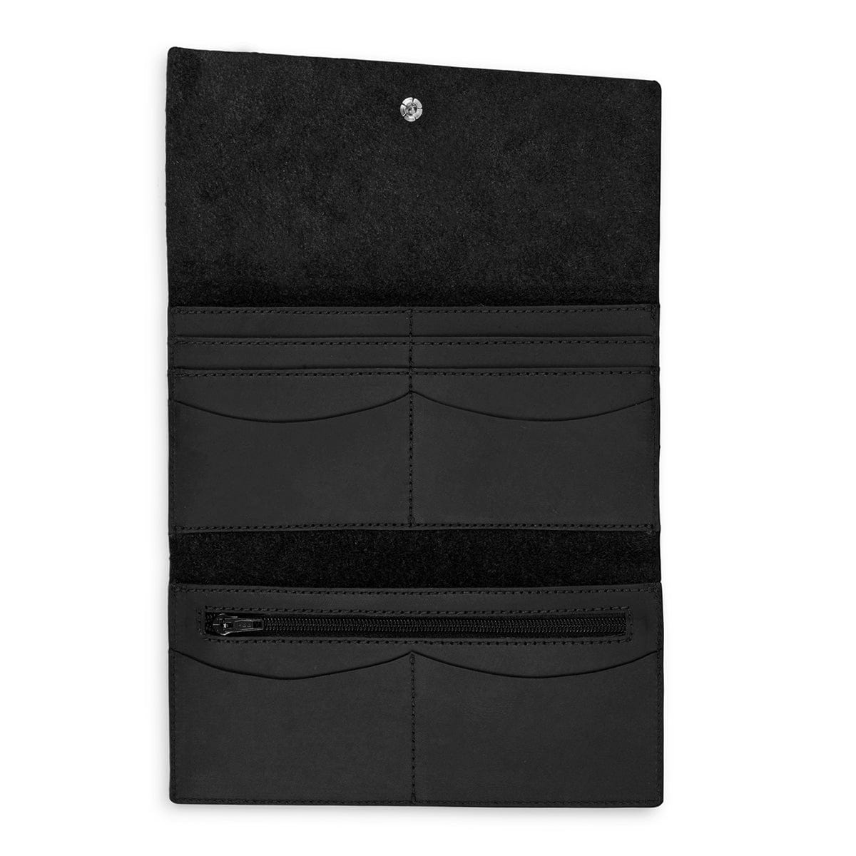 Black leather snap wallet, fully open