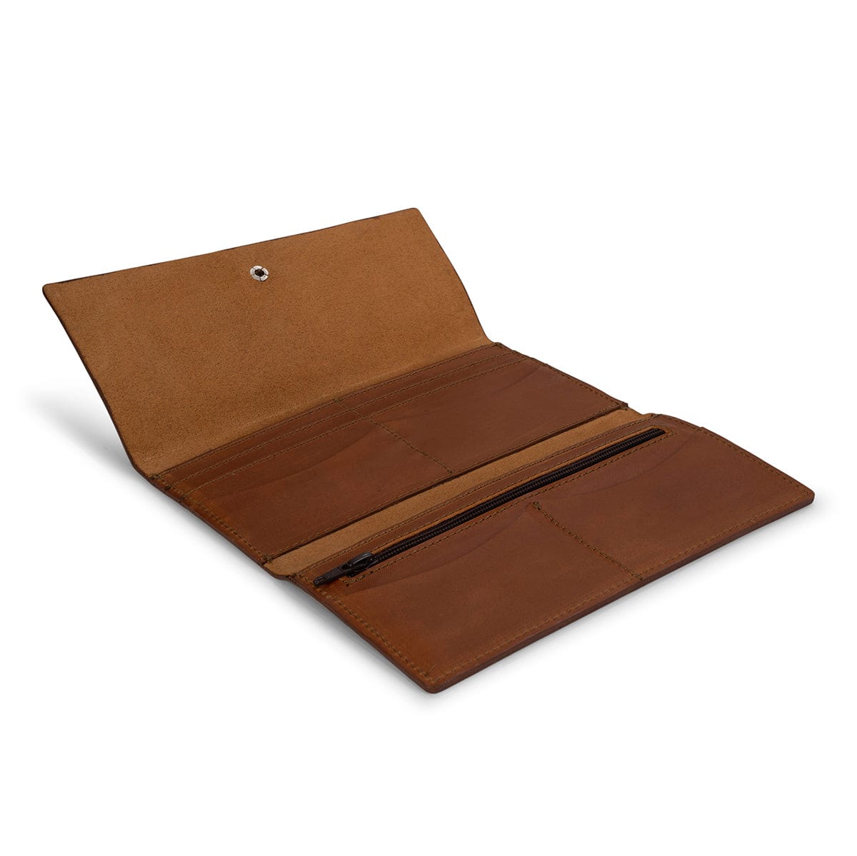 Light brown leather snap wallet, open to show the card slots, made by hand by our artisans