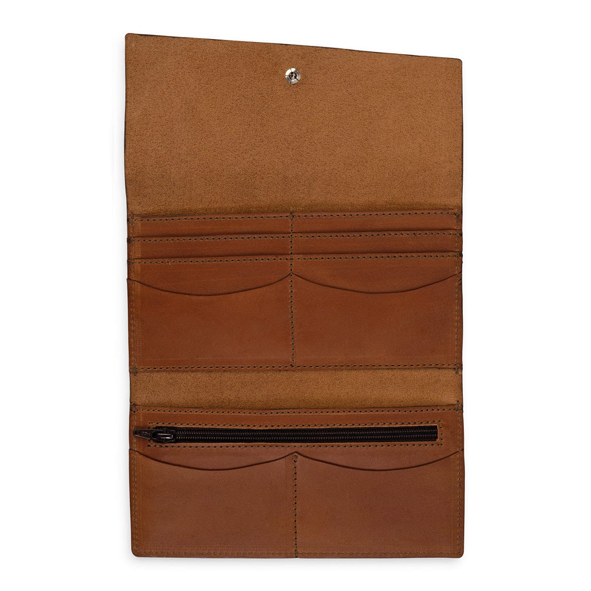 Light brown leather snap wallet, fully open, customization available