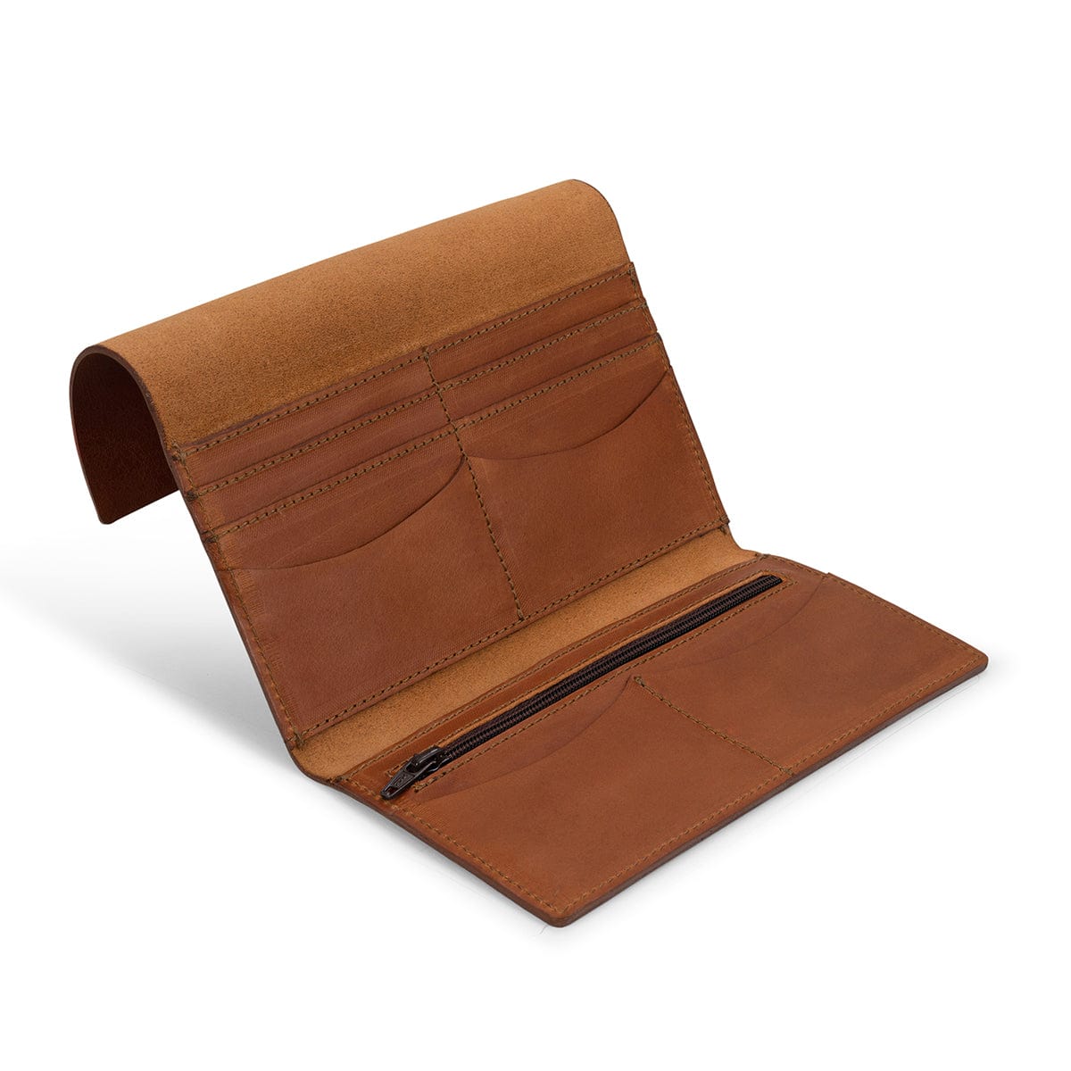 Light brown leather snap wallet, open to show the card slots, made to order