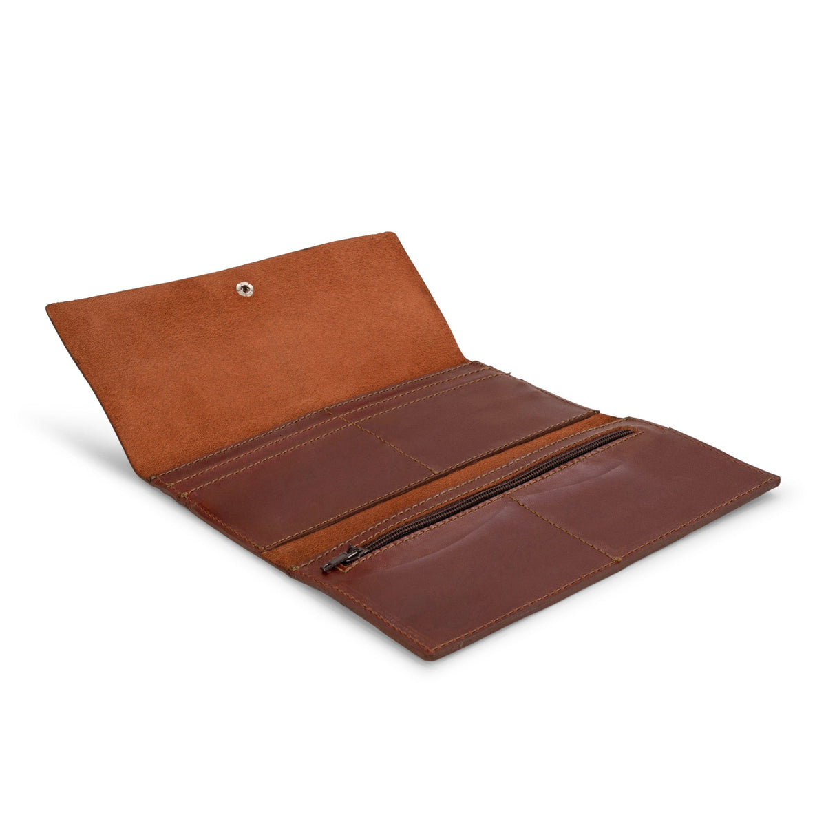 Brown leather snap wallet, open to show the card slots, made to order