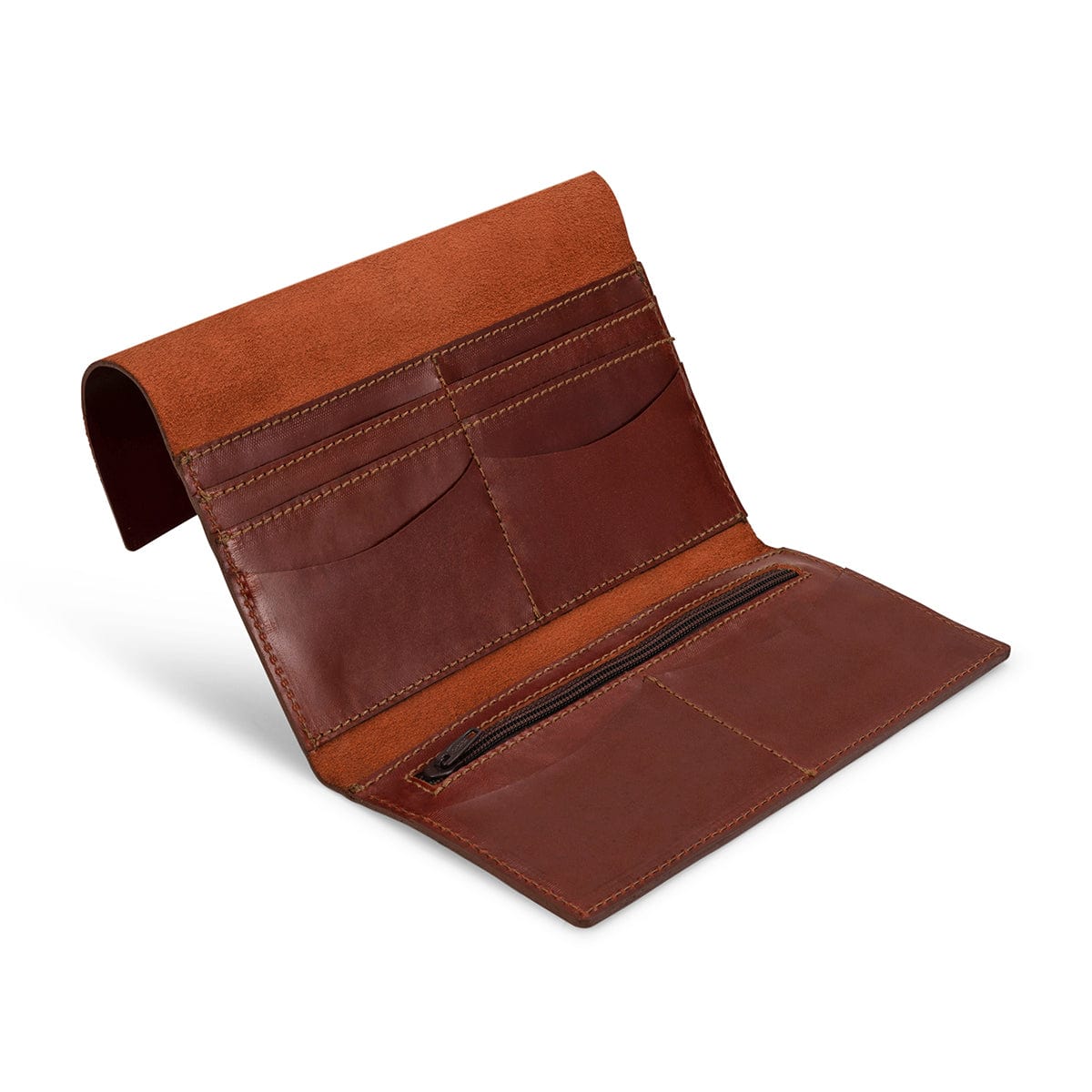 Brown leather snap wallet, open to show the card slots, personalization available