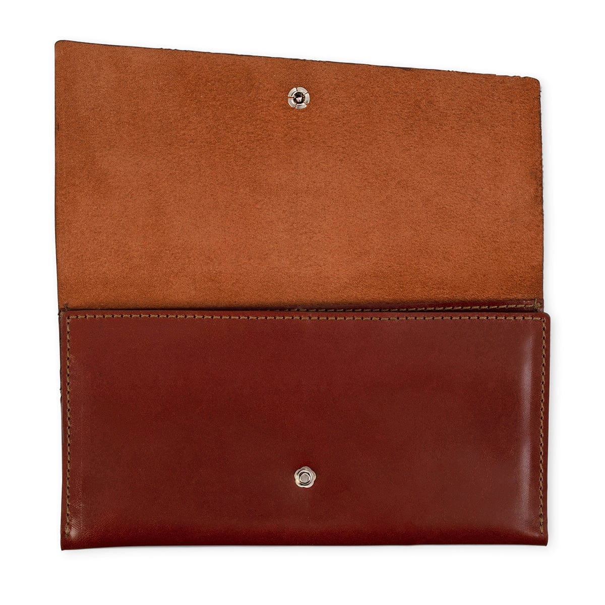 Brown leather snap wallet, unfolded flat, customization available