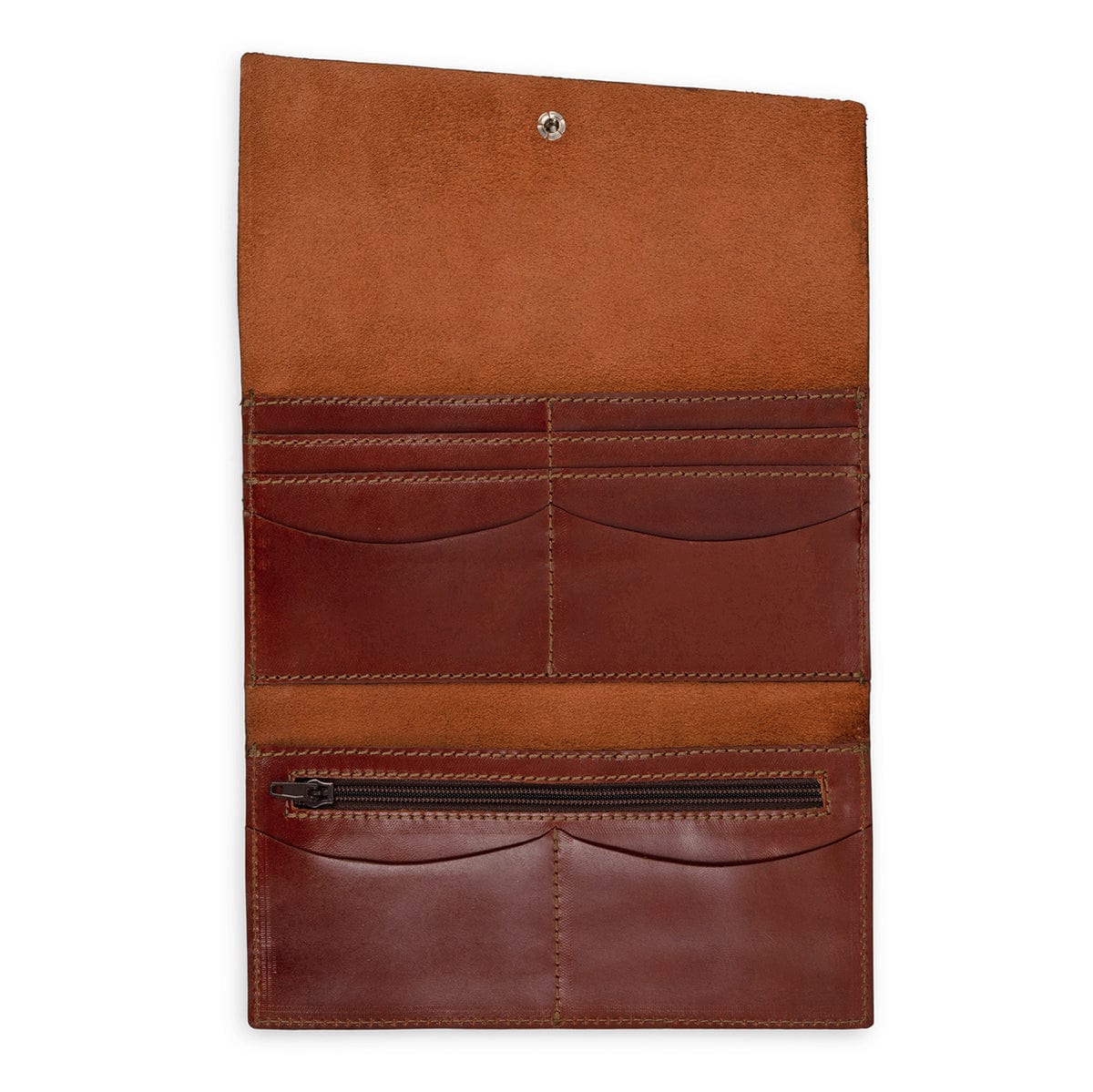 Brown leather snap wallet, fully open, stitched by hand in Guatemala