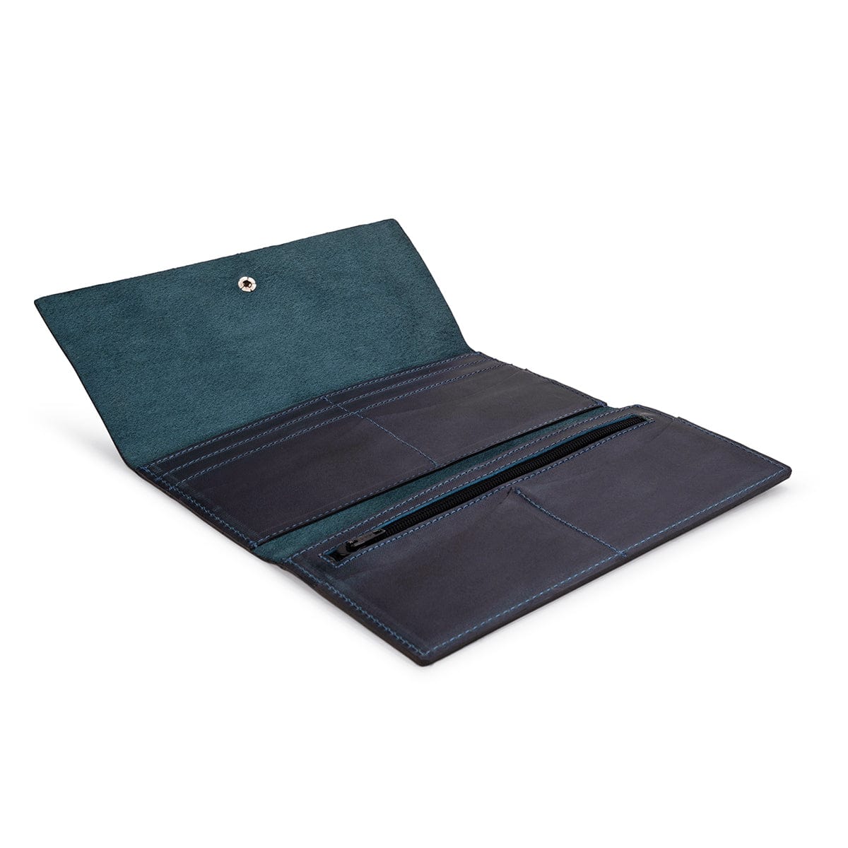 Blue leather snap wallet, open to show the card slots, made by hand by our artisans