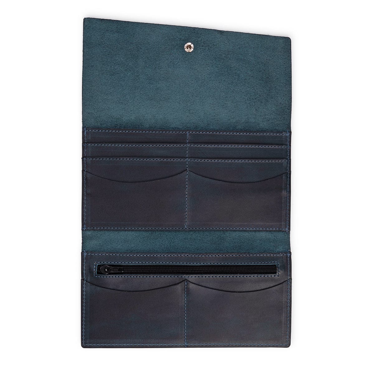Blue leather snap wallet, fully open, customization available