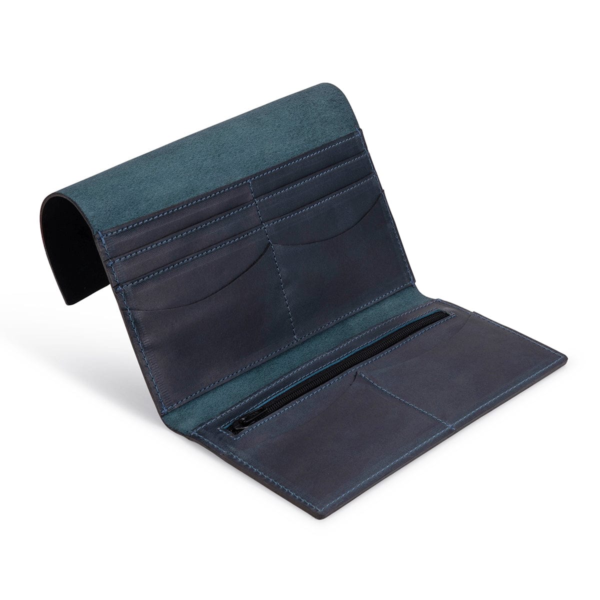Blue leather snap wallet, open to show the card slots, made to order