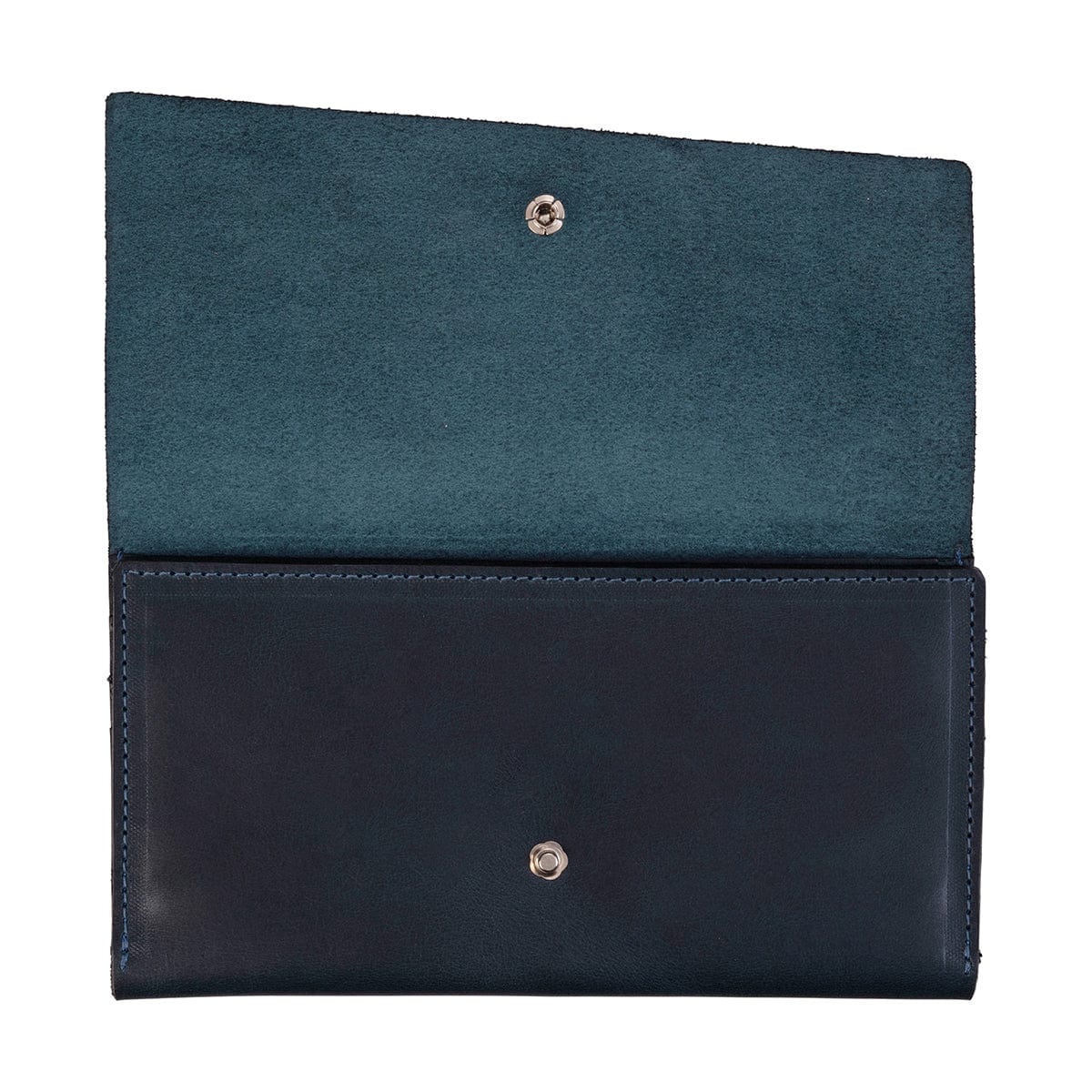 Blue leather snap wallet, unfolded flat, handcrafted to order in Guatemala