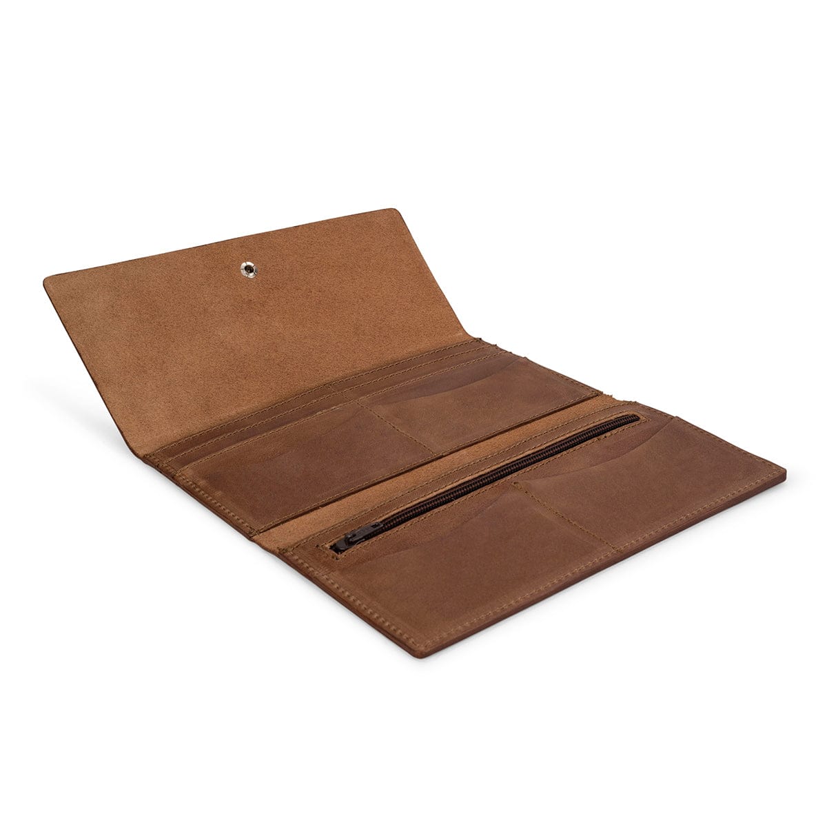 Tan leather snap wallet, open to show the card slots, made to order in Guatemala
