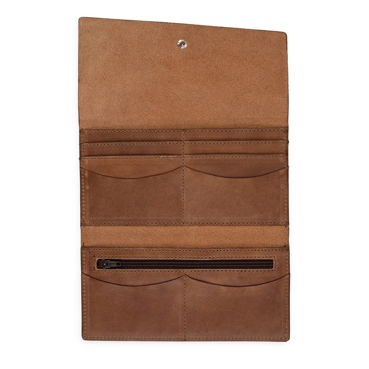 Tan leather snap wallet, fully open, handcrafted to order in Guatemala