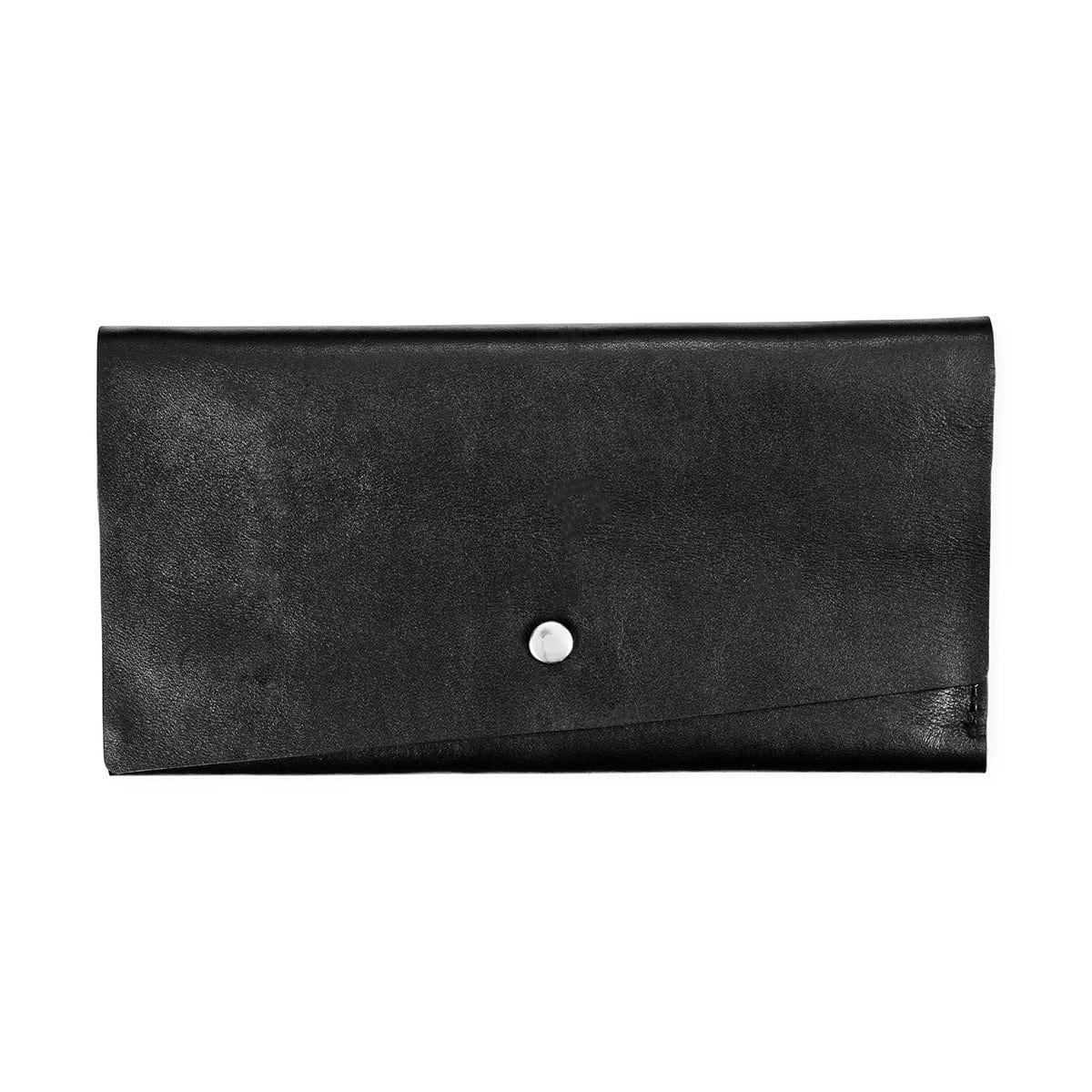 Black leather snap wallet, closed, handcrafted and made to order