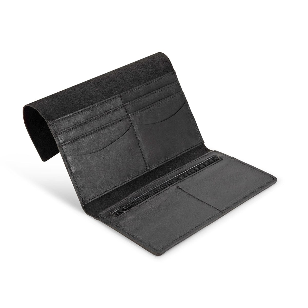 Black leather snap wallet, open to show the card slots, handcrafted to order in Guatemala