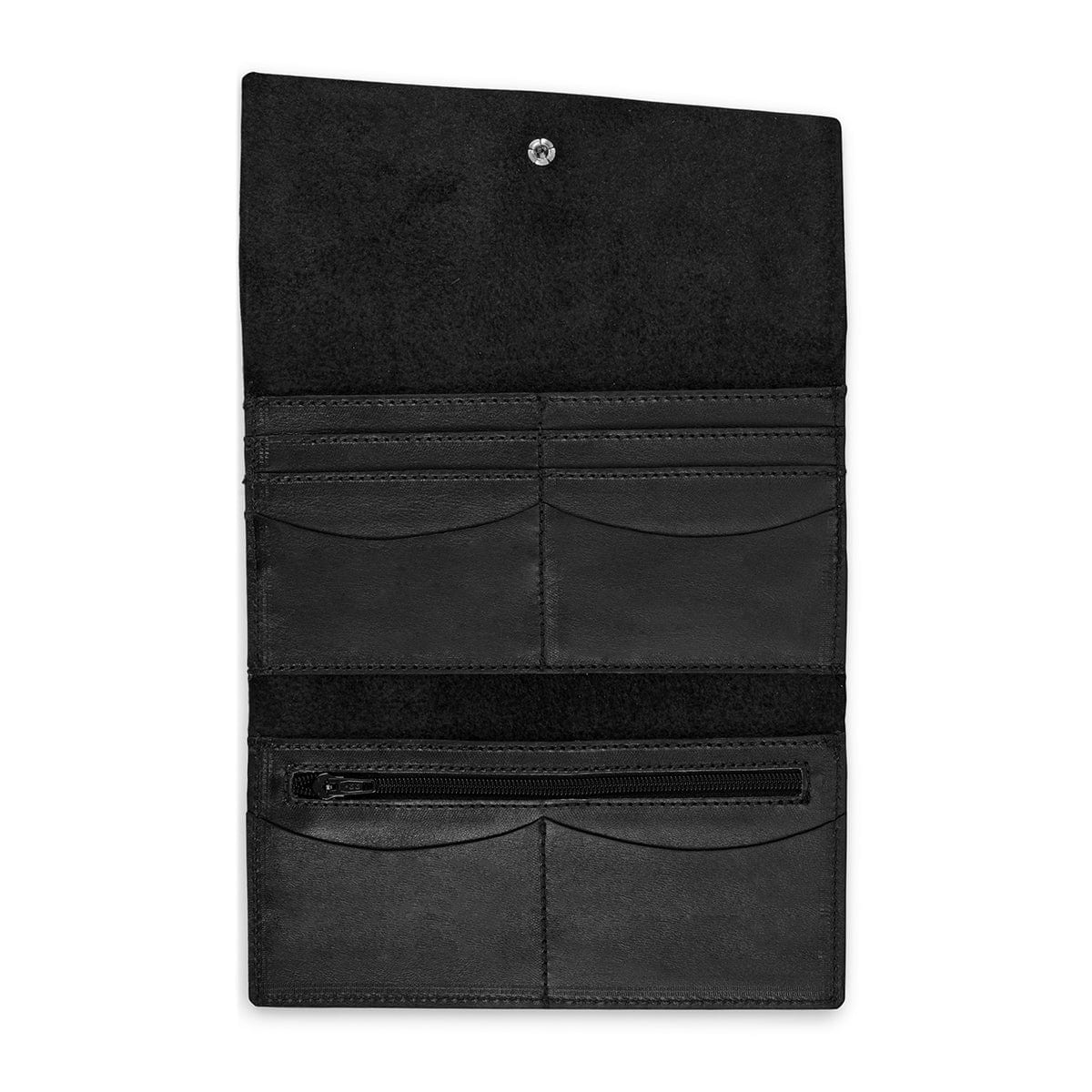 Black leather snap wallet, fully open, made to order in Guatemala