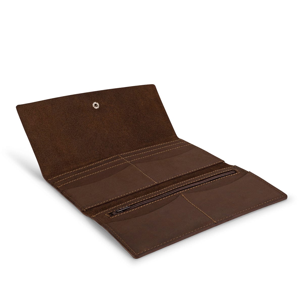 Dark brown leather snap wallet, open to show the card slots