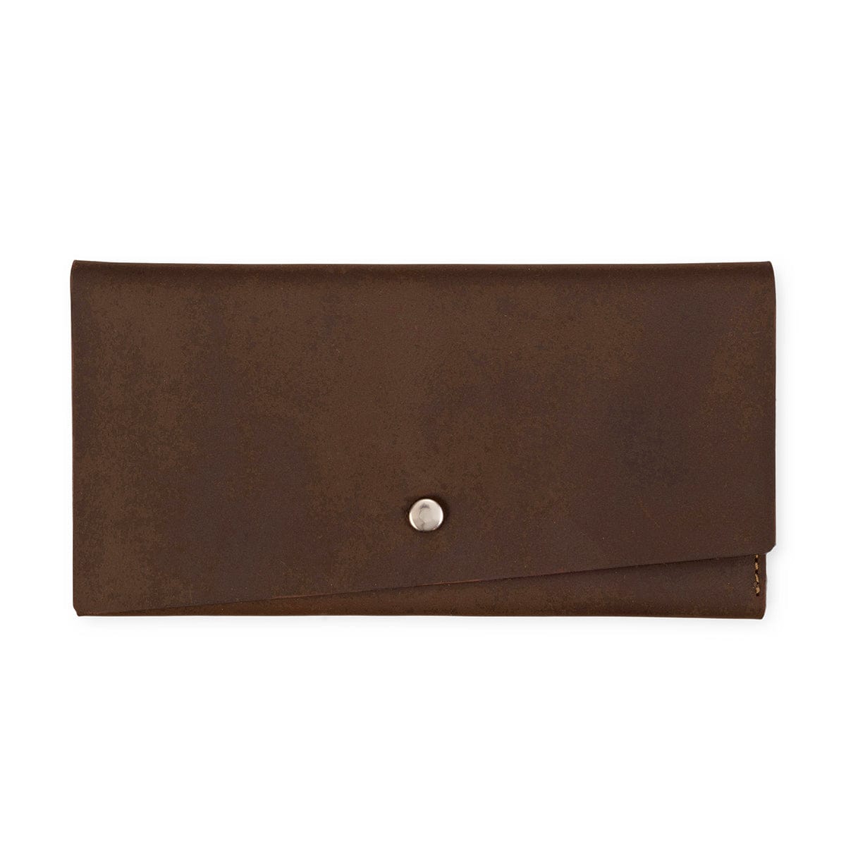 Dark brown leather snap wallet, closed, stitched by hand in Guatemala