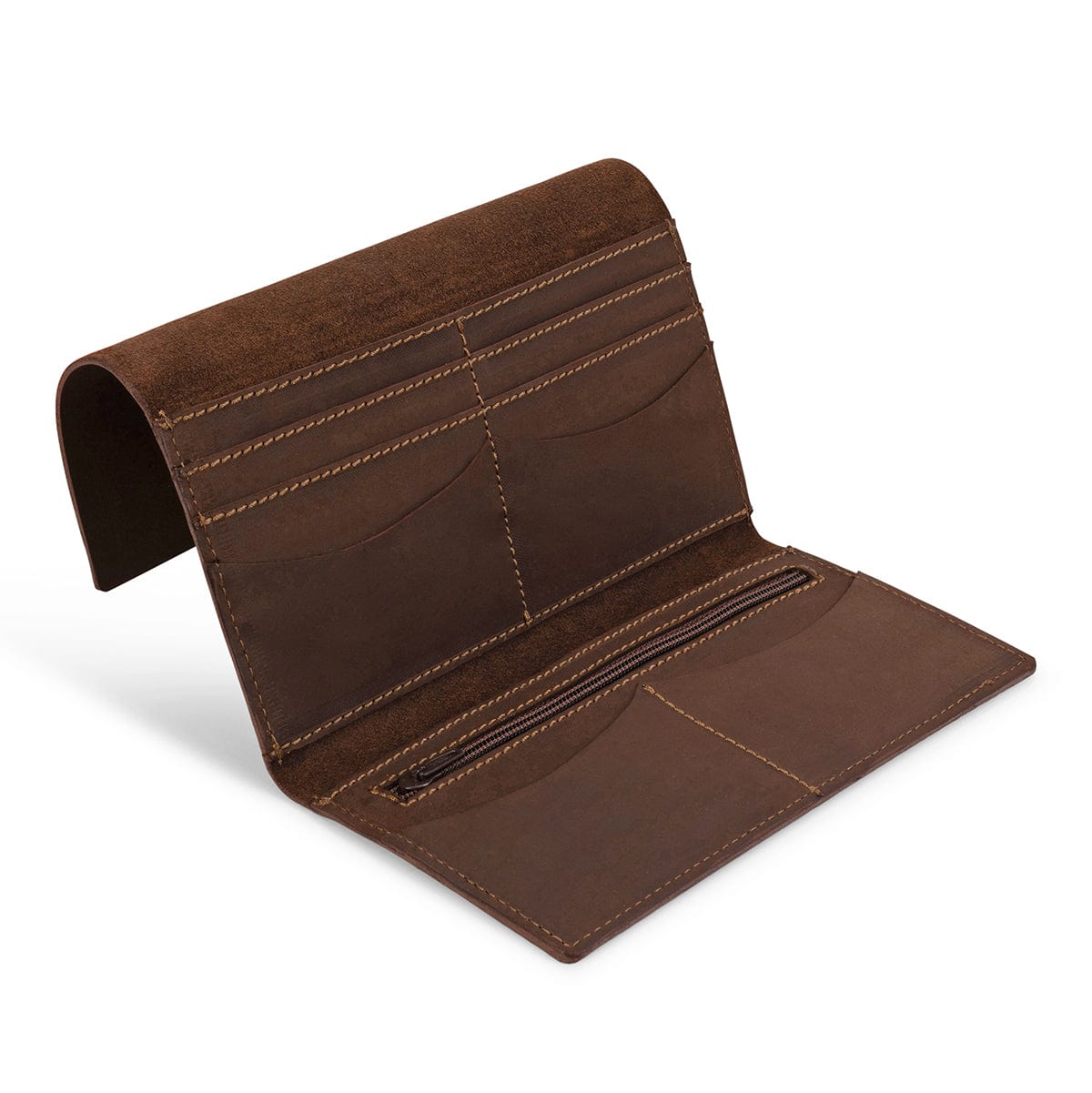 Dark brown leather snap wallet, open to show the card slots, handcrafted and made to order