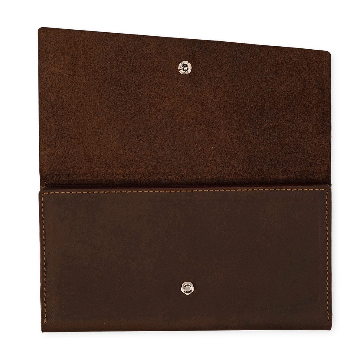 Dark brown leather snap wallet, unfolded flat, personalization available