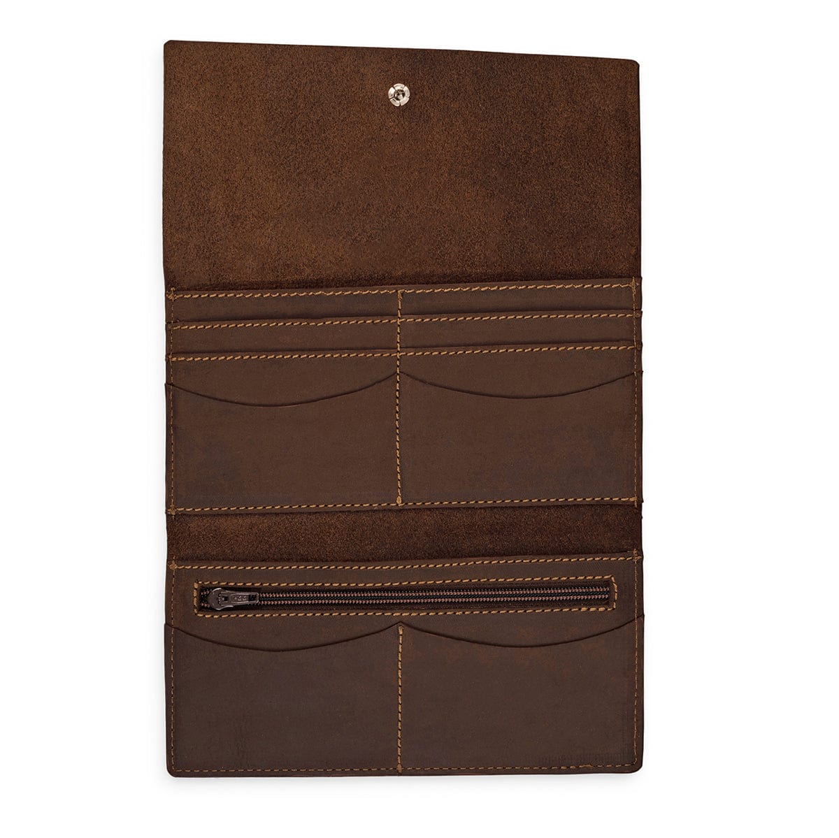 Dark brown leather snap wallet, fully open