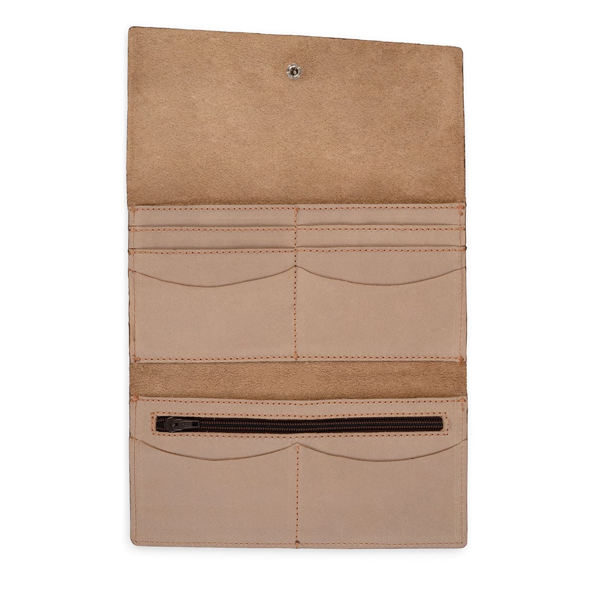Cream leather snap wallet, fully open