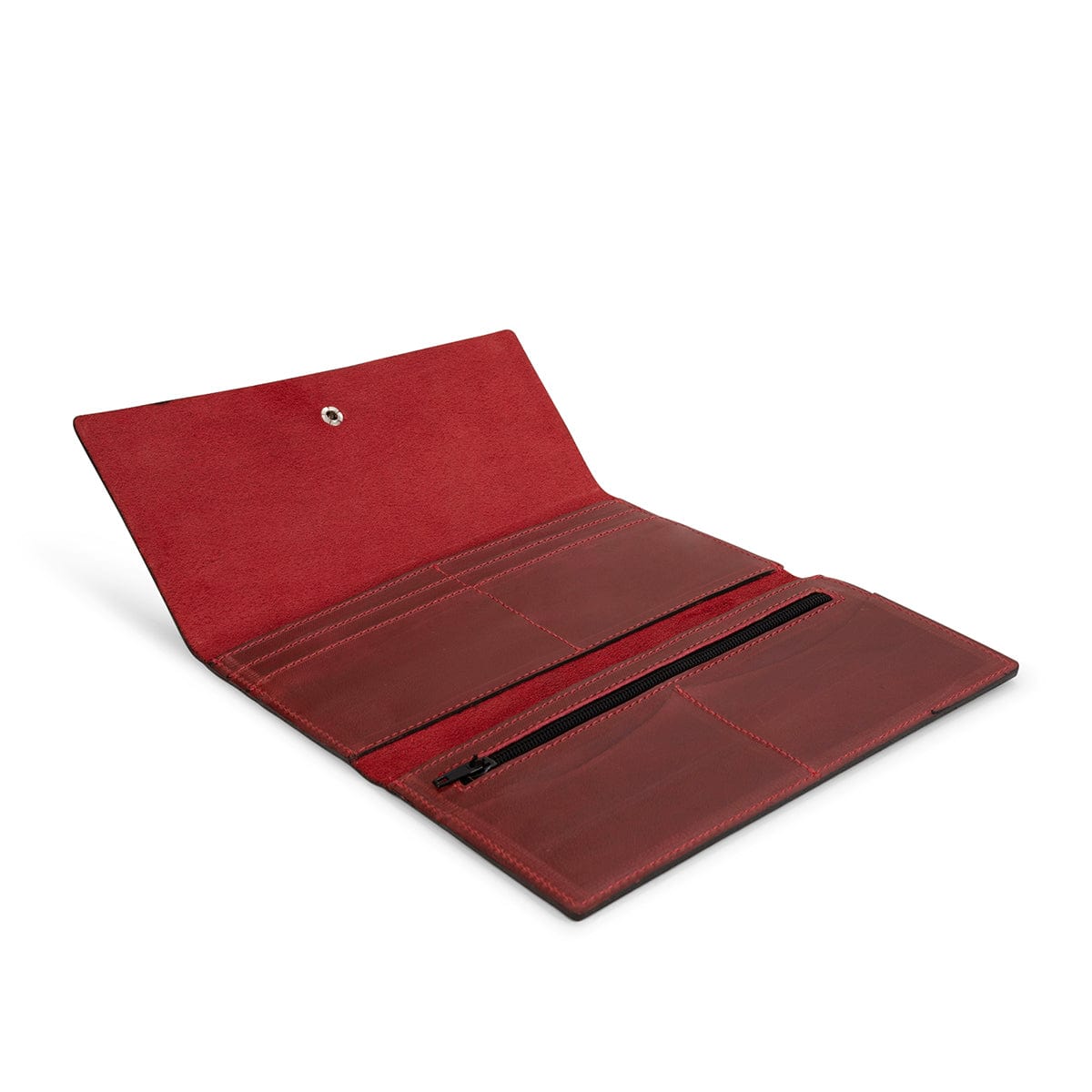 Red leather snap wallet, open to show the card slots