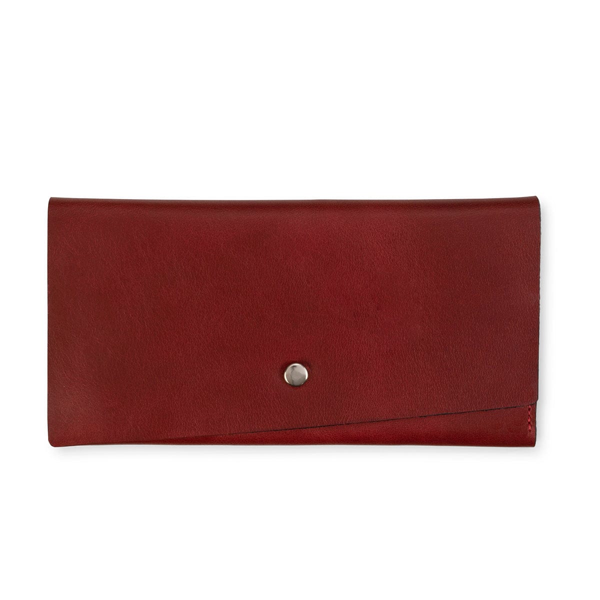 Red leather snap wallet, closed