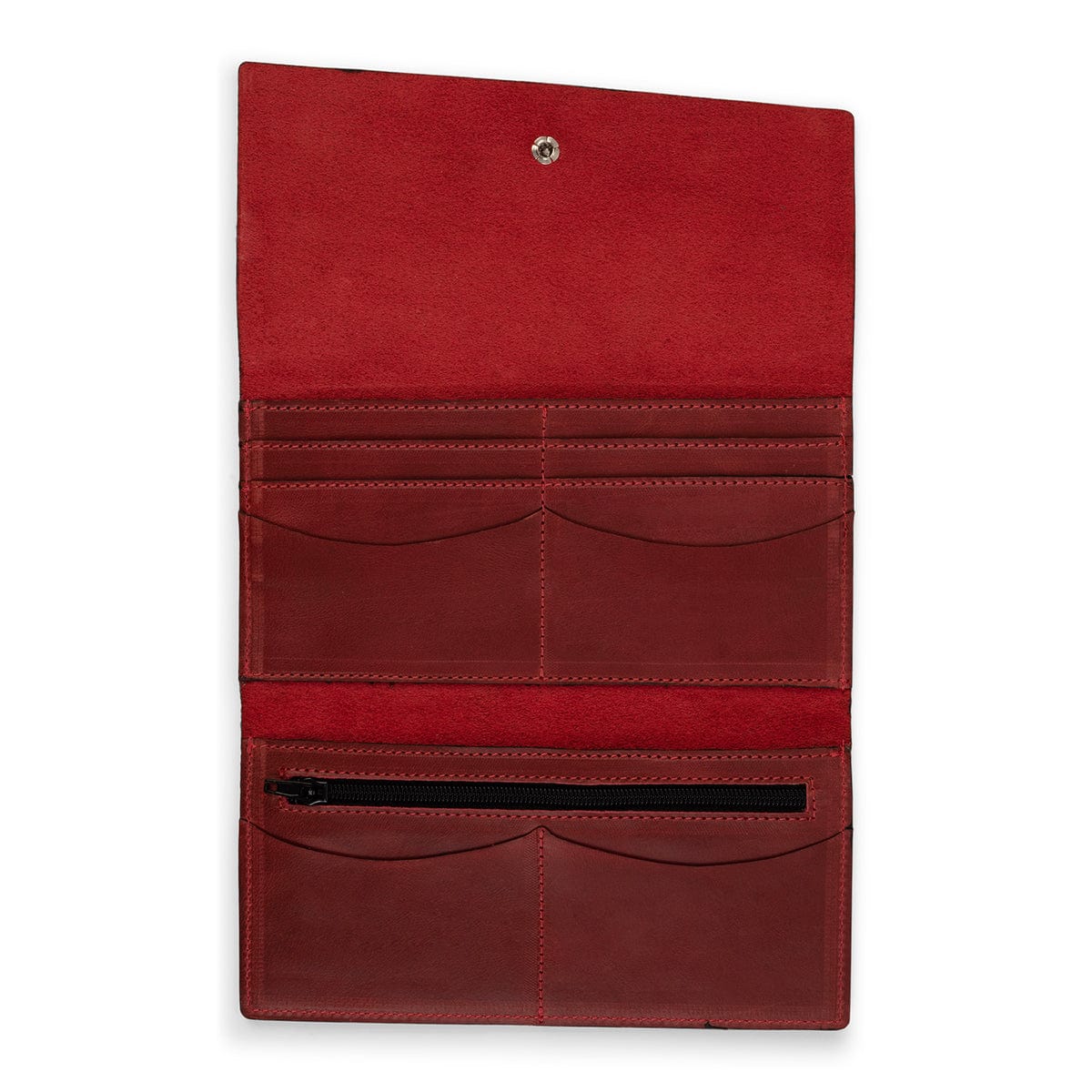 Red leather snap wallet, fully open, handcrafted and made to order