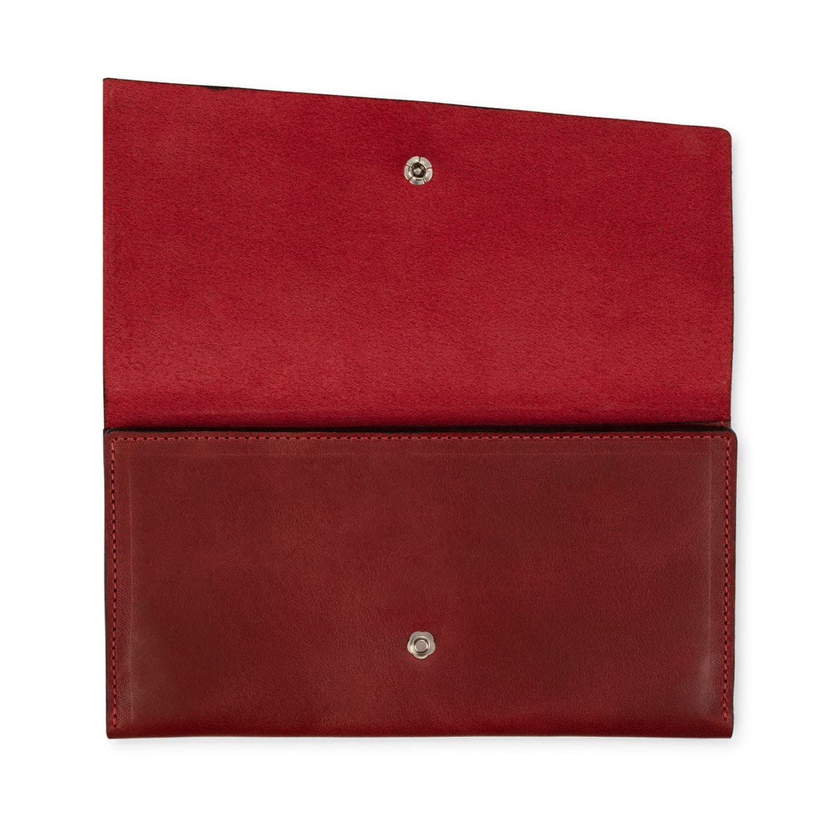 Red leather snap wallet, closed, handcrafted and made to order