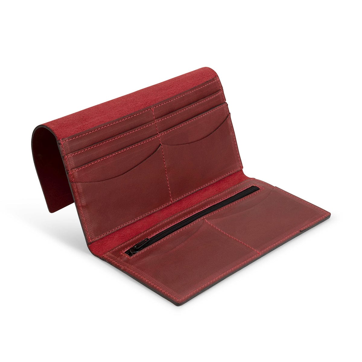 Red leather snap wallet, open to show the card slots, full-grain leather, made by hand