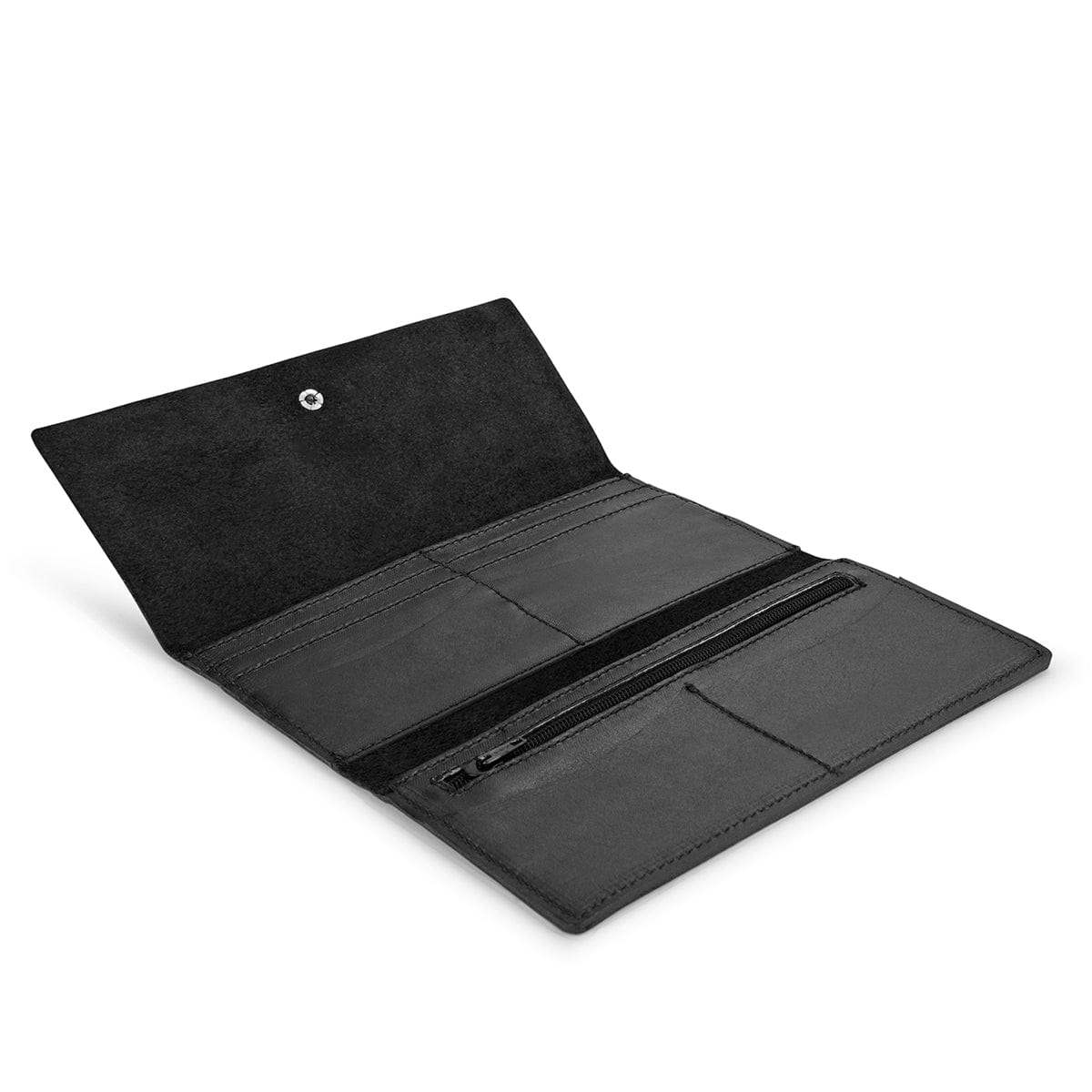 Black leather snap wallet, open to show the card slots, full-grain leather, made by hand