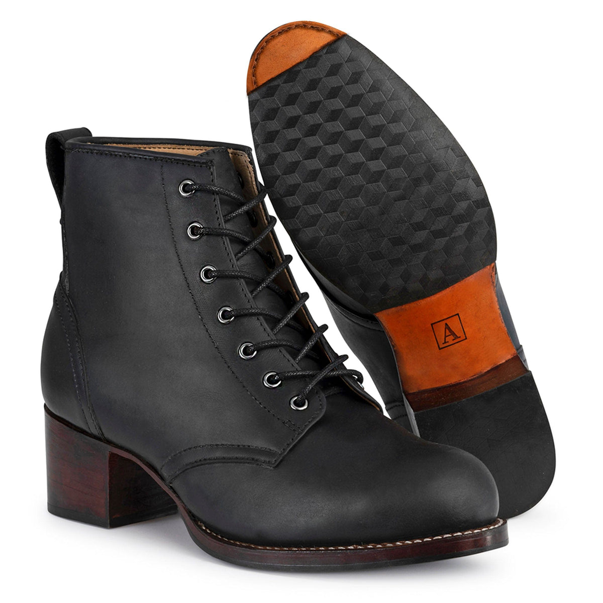 Black womens lace up combat boots with 2 inch block heels and textured soles by Adelante Shoes
