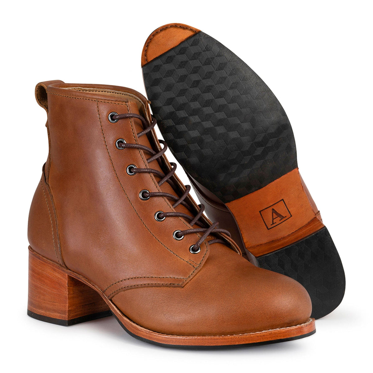 Brown leather womens lace up combat boot with a two inch block heel and textured outsole from Adelante Made To Order