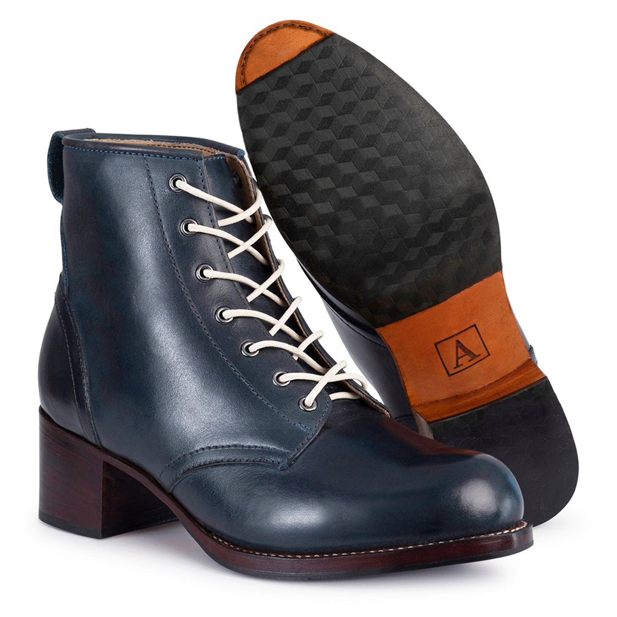Adelante women's navy leather lace up combat boots with a 2 inch block heel and textured rubber soles
