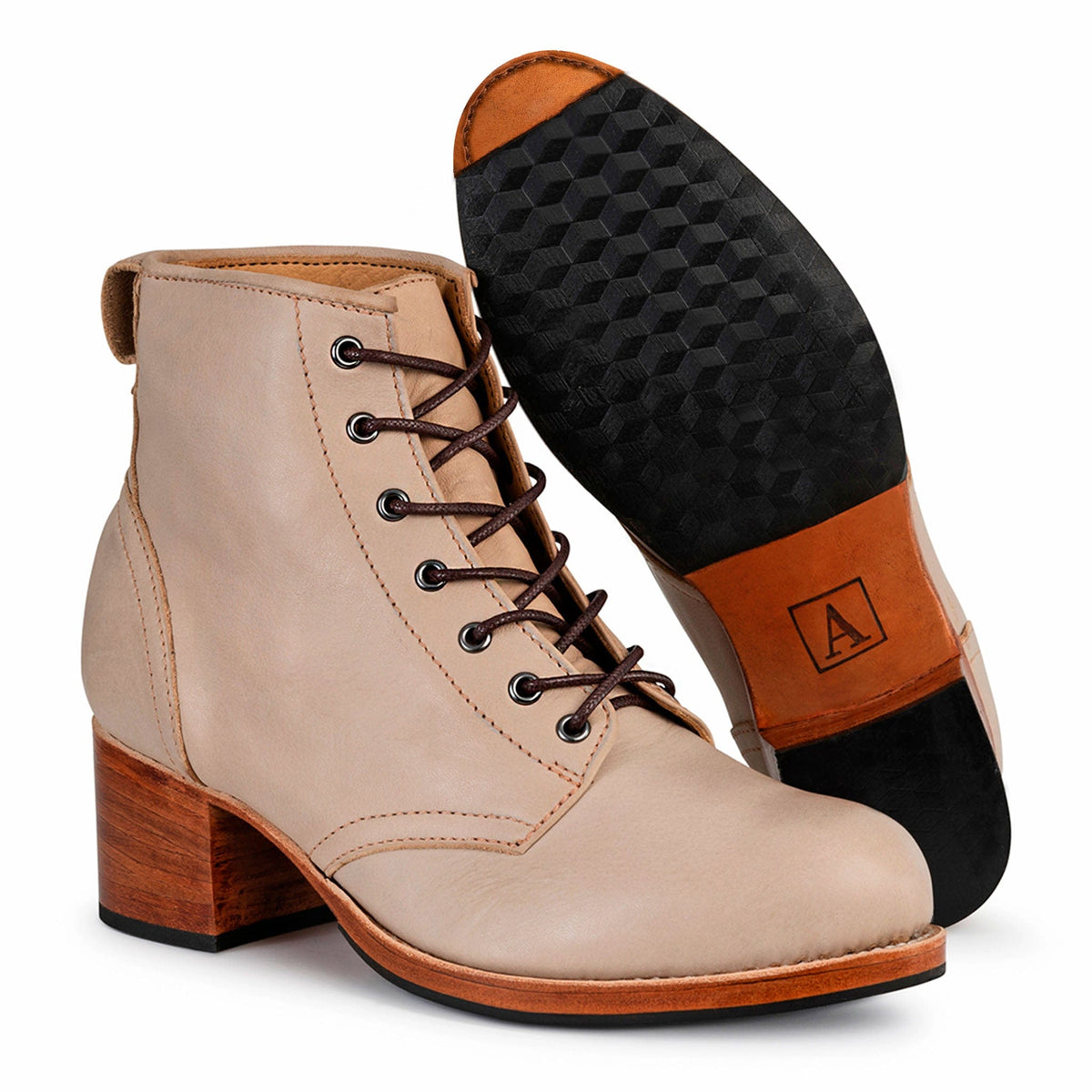 Adelante womens wide combat boots in tan leather with lace up fronts and 2 inch block heels