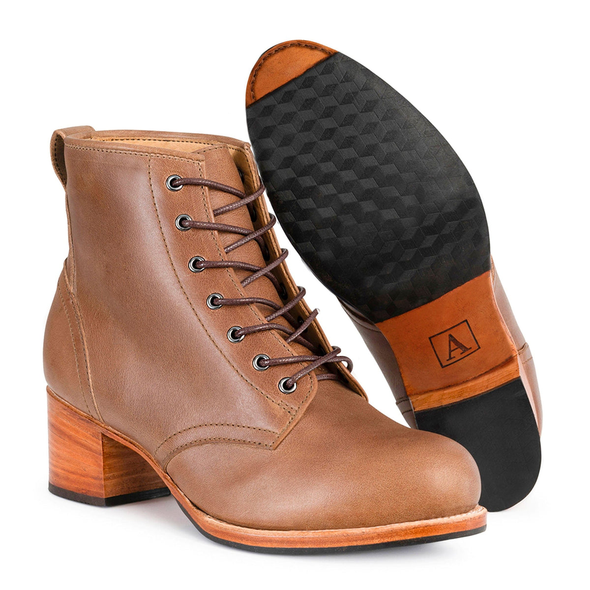 Adelante women's brown leather combat boot with lace-up front and 2-inch block heel shown as a wide width style with patterned sole