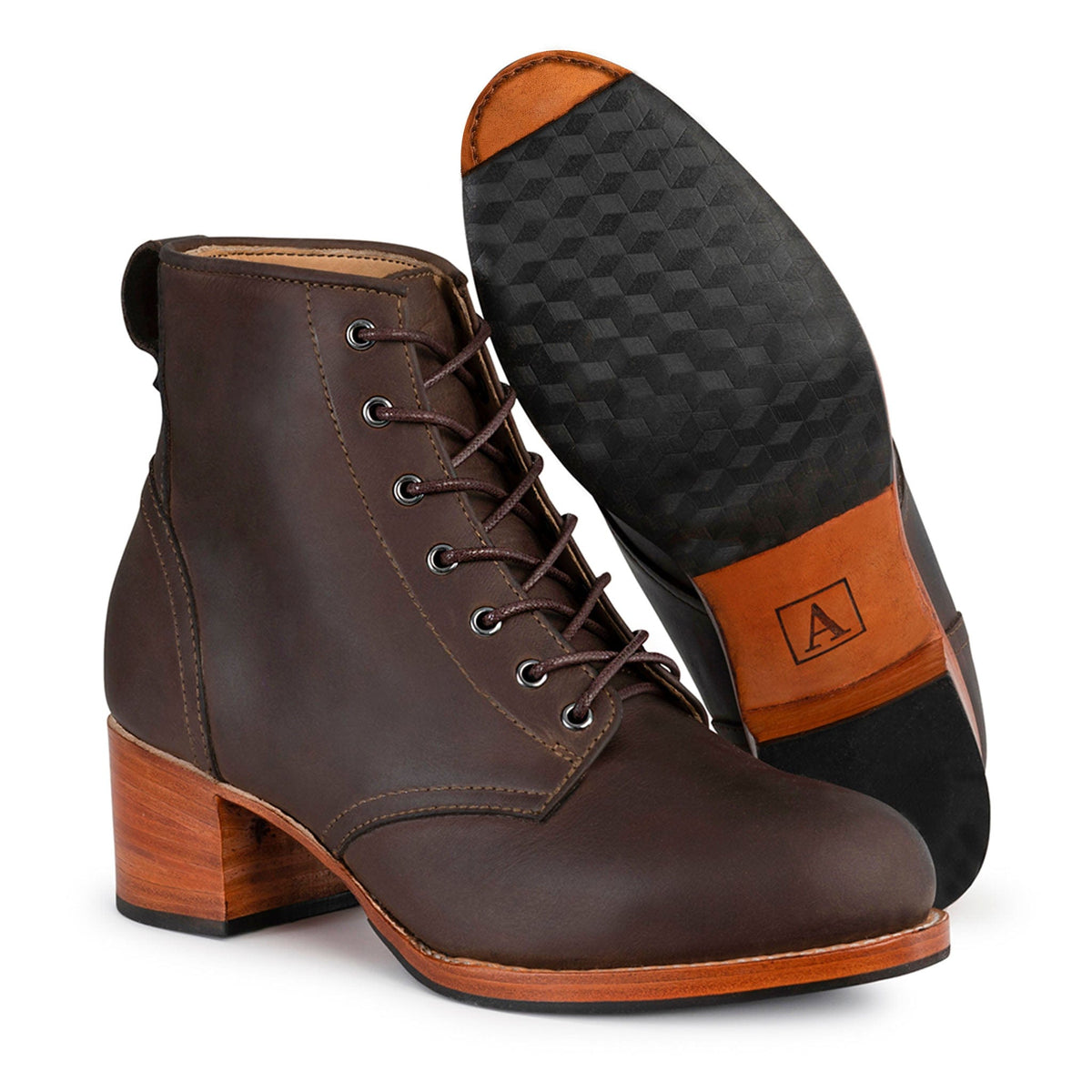 Adelante brown women's wide combat boot with leather lace up design and two inch block heel