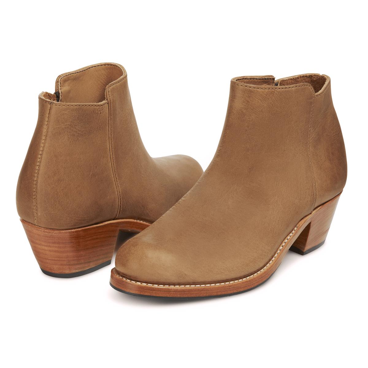 Adelante women's tan leather ankle booties with tapered stacked heels, handcrafted for narrow to extra wide widths