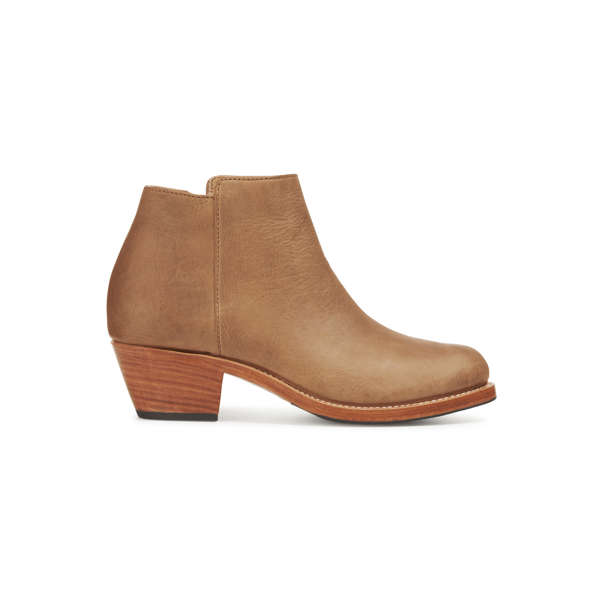 Tan leather women's ankle bootie with a tapered stacked heel from Adelante available in wide widths