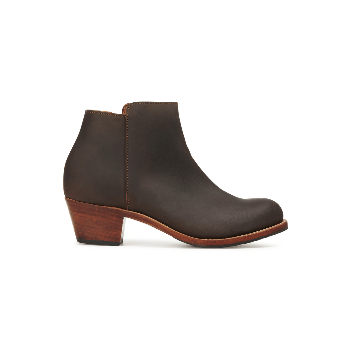 Adelante women's dark brown leather ankle boot with a tapered stacked heel, available in narrow, regular, wide, and extra wide widths.