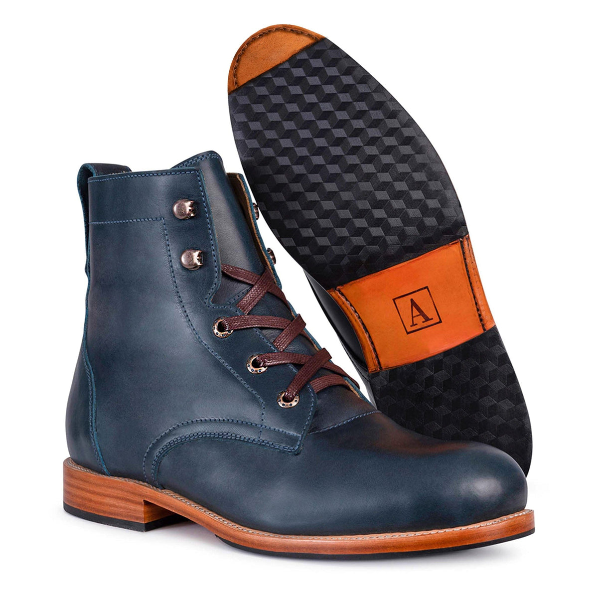 Adelante mens navy blue leather lace up boots with orange welt and patterned rubber sole