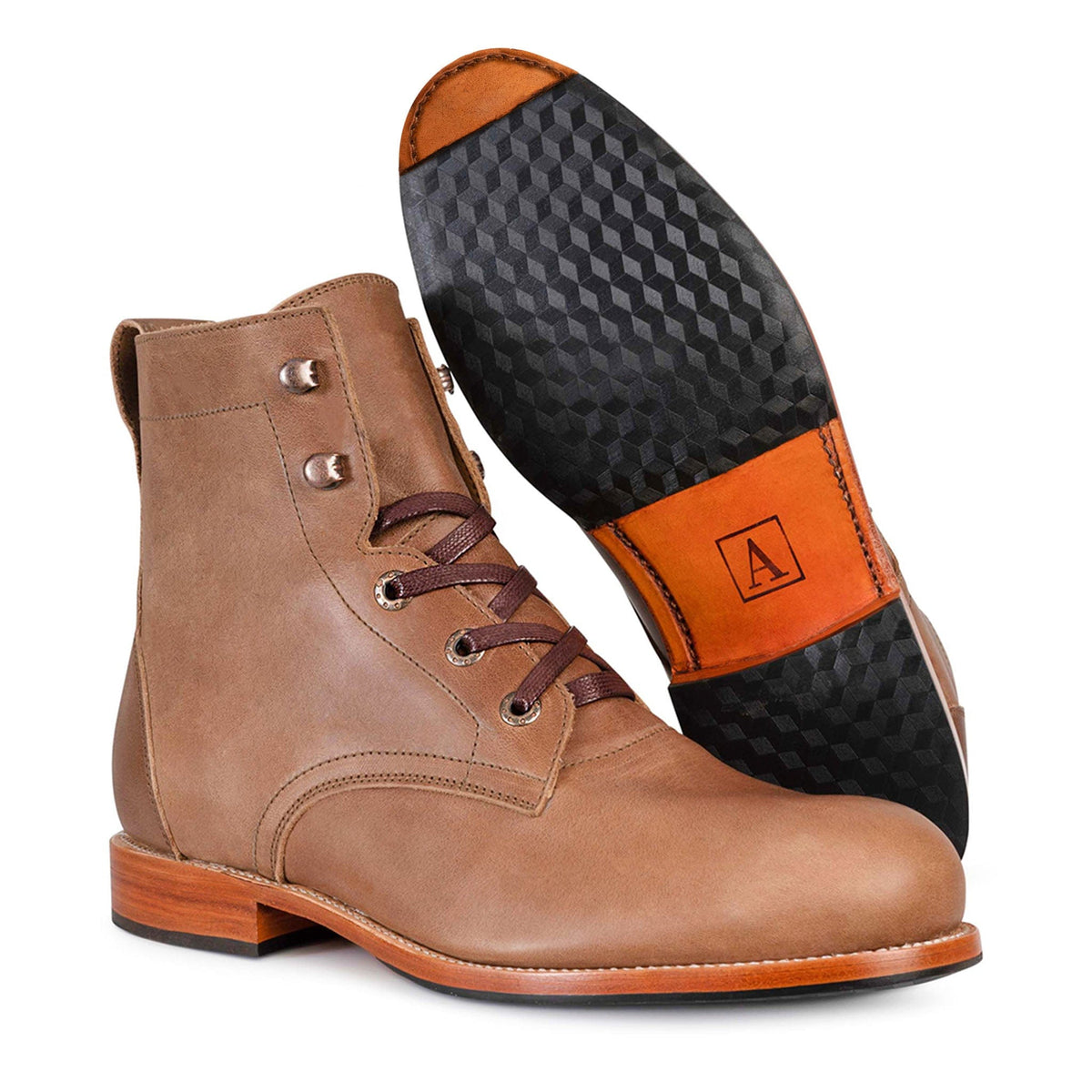 Brown men's lace-up leather boot with a textured black and orange sole by Adelante Made-To-Order
