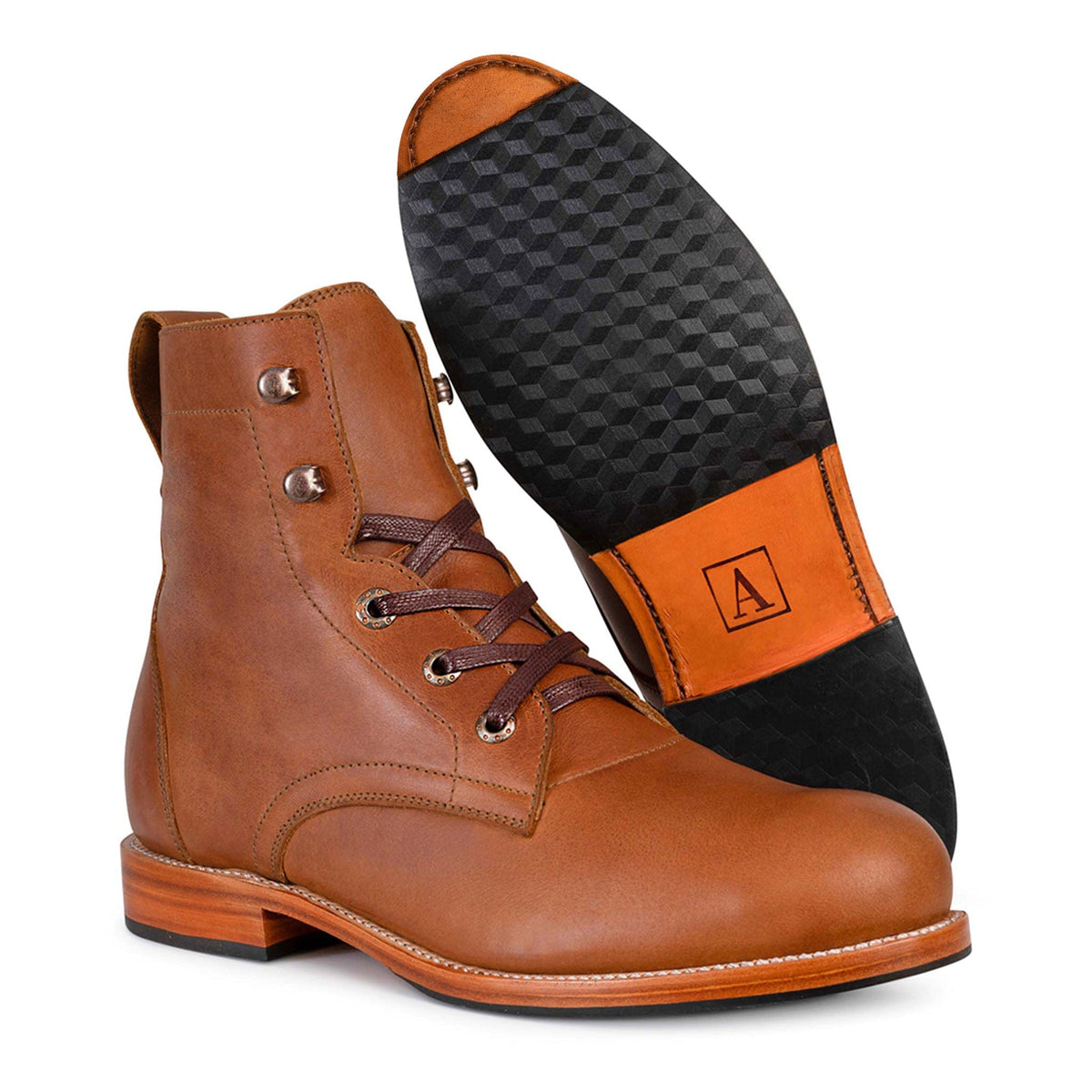 Brown mens full grain leather lace up boot with textured rubber sole and Goodyear welted construction by Adelante Shoes