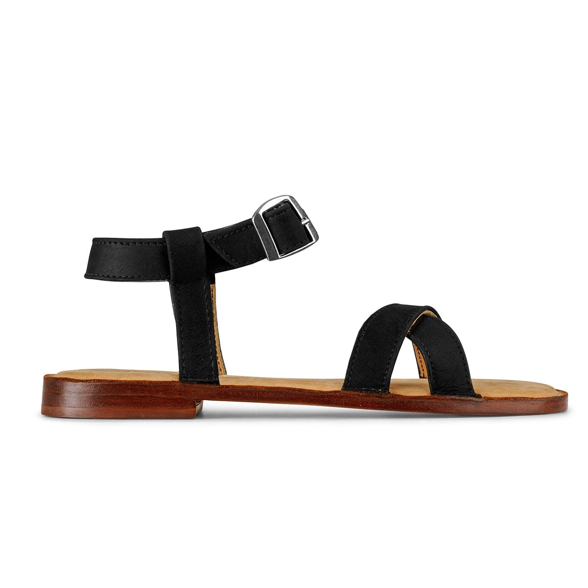 Adelante black leather women's sandal with adjustable ankle strap, buckle detail, cushioned footbed, and wide width options