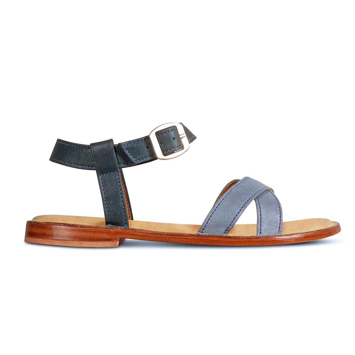 Black and blue leather sandal with adjustable ankle buckle and cushioned footbed by Adelante Made To Order for women in wide widths