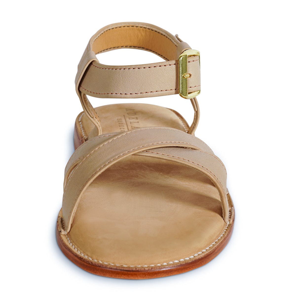 Tan leather womens sandal with adjustable ankle strap and gold buckle by Adelante Made To Order