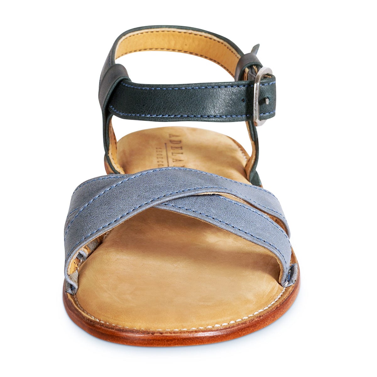 Blue leather womens sandal with crossed straps, cushioned footbed, and adjustable black ankle buckle by Adelante Made-To-Order