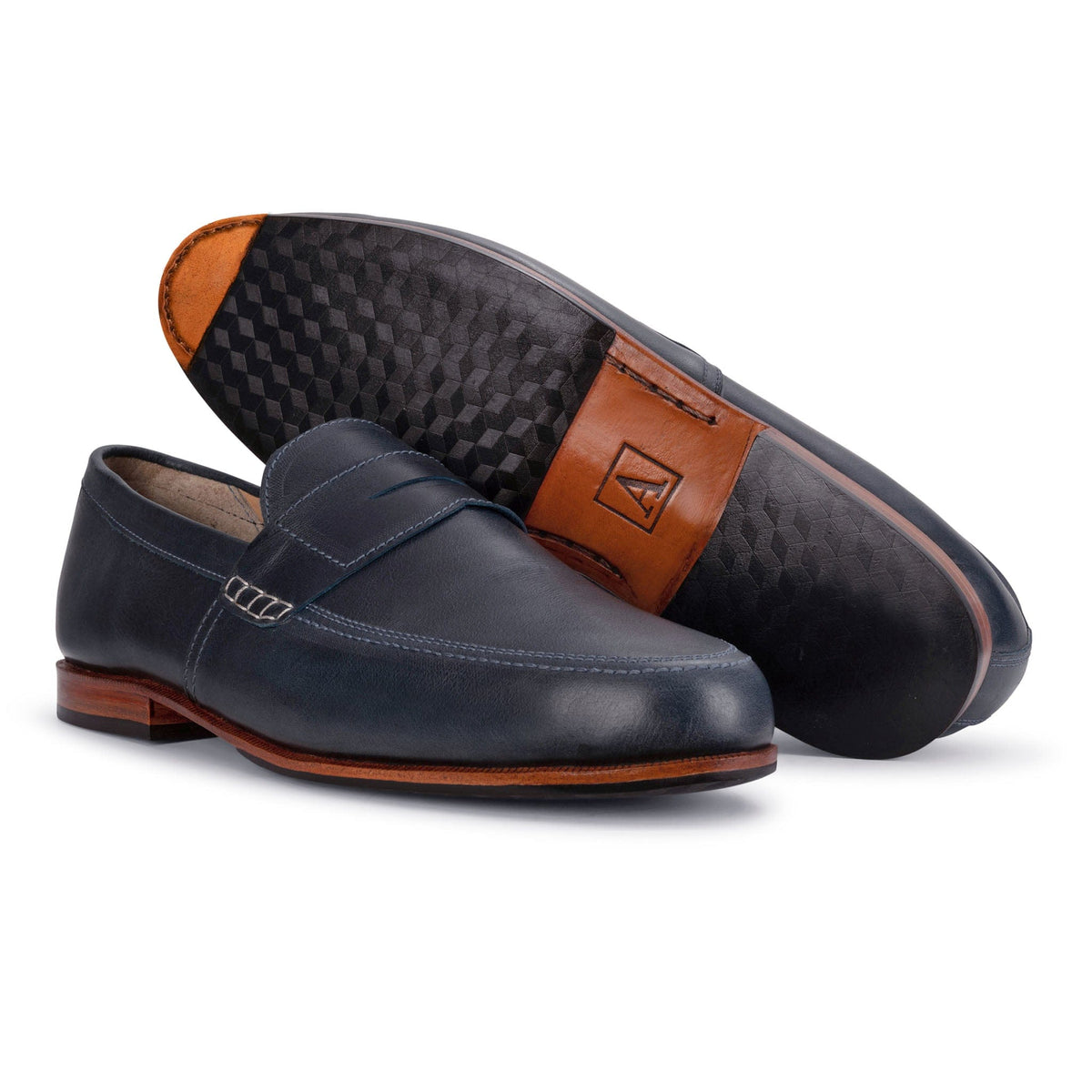 Navy men's leather dress loafer with strap detail and patterned sole, handcrafted by Adelante Made-To-Order in wide widths